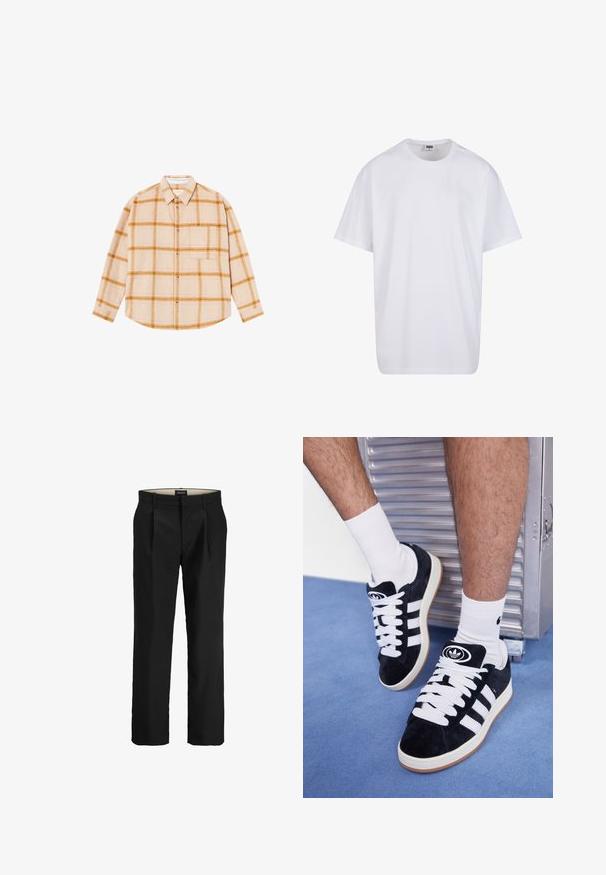 Long-sleeve plaid shirt in beige with yellow and brown checks, button-up design, single chest pocket, made from a textured fabric.; White cotton t-shirt with short sleeves, rounded neckline, relaxed fit, and no visible logos or patterns. Smooth texture and minimal design.; Black tailored trousers with a flat front, two side pockets, a smooth texture, and a straight-leg cut. Features belt loops for added style.; Black suede sneakers with white laces and three white stripes. Features a circular black logo on the tongue and a gum rubber sole.