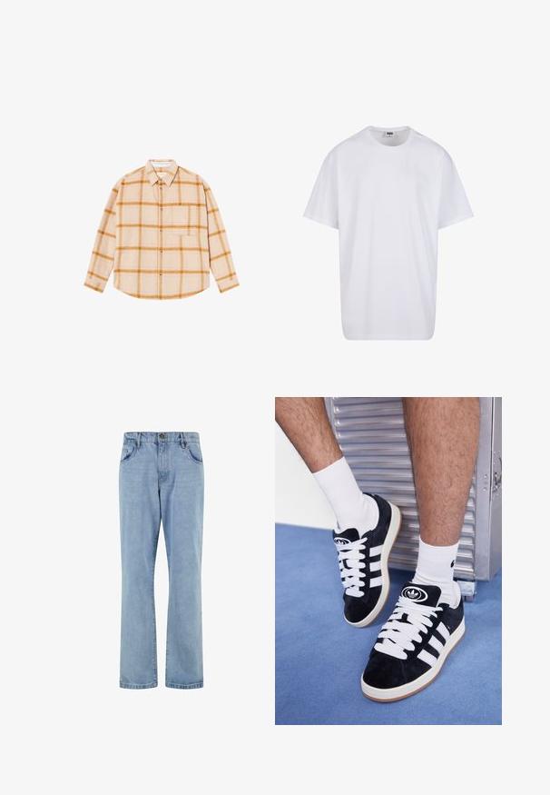 Langermet rutete skjorte i beige med gule og brune ruter, knappestolpe, enkelt brystlomme, laget av et strukturert stoff.; Hvit bomull t-skjorte med korte ermer, rund utringning, avslappet passform, og ingen synlige logoer eller mønstre. Glatt tekstur og minimalistisk design.; Lyseblå denimjeans med rett ben-design, fem-lommestil, knappelukking og subtil falmet tekstur gjennom hele.; Sorte semskede sneakers med hvite lisser og tre hvite striper. Har en sirkulær svart logo på tungen og en såle av gummigummi.