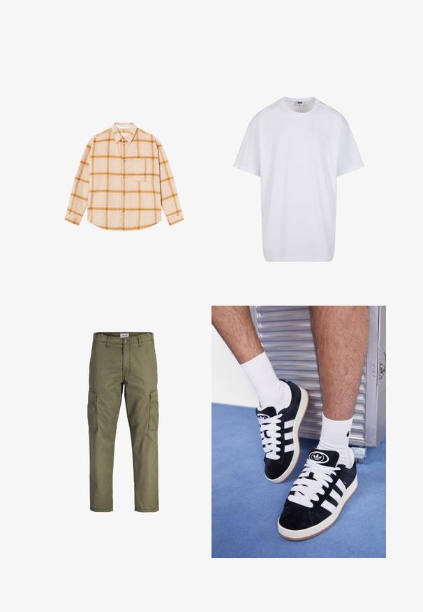Langarm geruit overhemd in beige met gele en bruine blokken, knoopsluiting, enkele borstzak, gemaakt van een textuurstof.; Witte katoenen t-shirt met korte mouwen, ronde hals, relaxte pasvorm en zonder zichtbare logo's of patronen. Gladde textuur en minimalistisch ontwerp.; Olijfgroene cargobroek van katoen, met zijzakken, een rechte snit en een tailleband met knoopsluiting.; Zwarte suède sneakers met witte veters en drie witte strepen. Heeft een cirkelvormig zwart logo op de tong en een gumrubberen zool.