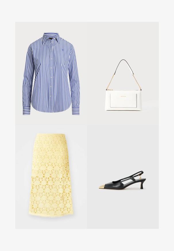 Button-up shirt in blue and white vertical stripes. Features a classic collar, long sleeves, and a rounded hem. Made from woven fabric.; Yellow crochet midi skirt with star floral patterns, featuring a scalloped hemline and a textured finish. Elastic waistband for fit.; Black leather slingback shoe with a pointed toe and gold metallic cap. Features cut-out design and a slender heel with an adjustable strap.; White leather handbag with a textured finish, featuring a gold chain strap and black accents. Includes a front pocket and zipper closure.