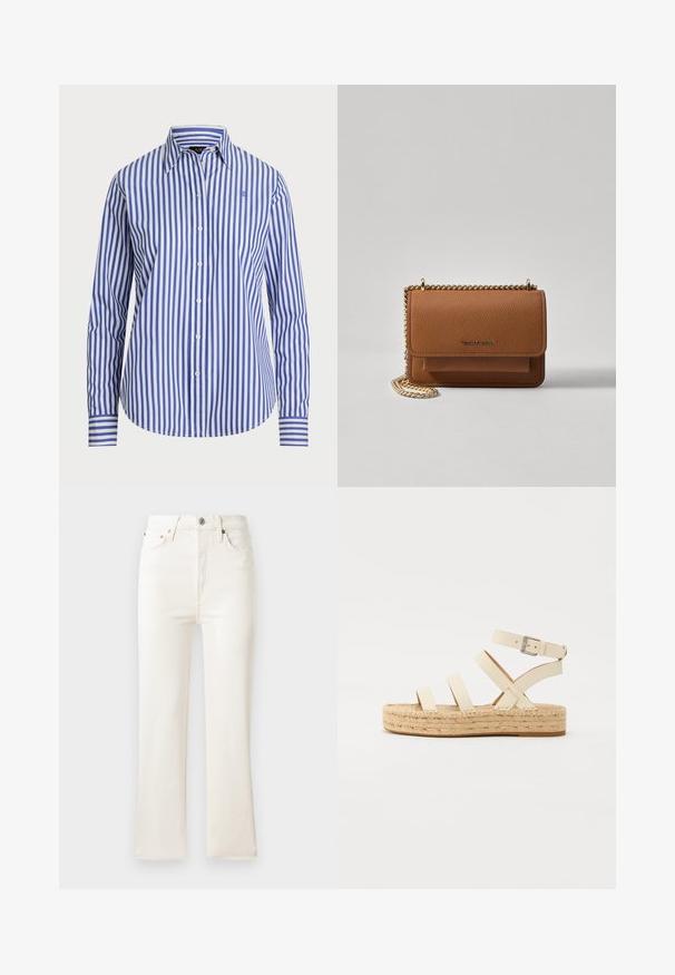 Skjorta med knappar i blå och vita vertikala ränder. Har en klassisk krage, långa ärmar och rundad nederkant. Tillverkad av vävt tyg.; Höga vita denimplagg med utsvängda ben, dragkedja, fem fickor och subtila sömnadsdetaljer. Tyget har en mjuk textur.; Beige sandaler i läder med korslagda remmar, spänndetalj och en jutesula med platå. Designen har en tjock vävd textur och en flat sula.; Brun texturerad läder crossbody-väska med guldkedja och klaffstängning. Framsidan har logotypdetalj och en ficka under klaffen.