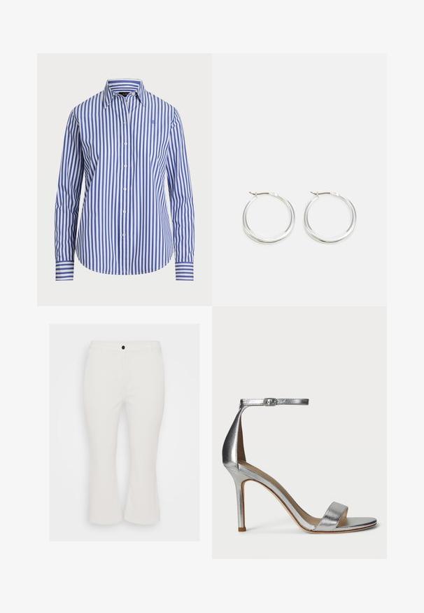 Button-up shirt in blue and white vertical stripes. Features a classic collar, long sleeves, and a rounded hem. Made from woven fabric.; White cropped pants made from cotton blend, featuring a front button closure, belt loops, and a straight leg design. Smooth texture, casual style.; Silver high-heeled sandal with a narrow toe strap, ankle strap with buckle closure, sleek design, and smooth metallic texture.; Silver hoop earrings feature a smooth, rounded design with a thin profile and secure clasp. Minimalistic style with a polished finish.
