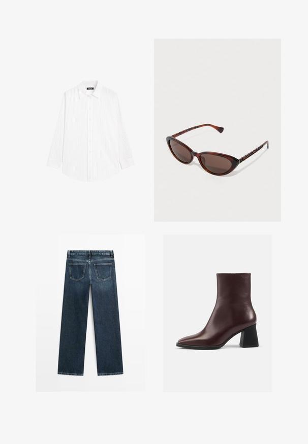 Biała koszula z guzikiem, w pionowe jasnoszare paski, z rozłożonym kołnierzykiem, długimi rękawami i luźnym krojem. Wykonana z lekkiego materiału.; Granatowe dżinsy o prostym kroju, z dwoma tylnymi kieszeniami i widocznym ściegiem wzdłuż szwów i brzegów.; Burgundowe skórzane botki za kostkę z ostrodowatym noskiem, gładką teksturą i masywnym czarnym obcasem. Smukły design, minimalne akcenty.; Brązowe przeciwsłoneczne okulary w kształcie kociego oka, z ciemnymi soczewkami i teksturowanymi czarnymi zausznikami. Klasyczny, szczegółowy i lekki design.