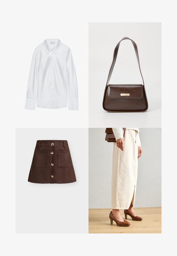 Hvid langærmet skjorte med klassisk krave, med knaplukning fortil og glat tekstur, lavet af letvægtigt stof med en subtil glans.; Brun ruskind mini nederdel med et lige snit, der har to forlommer og guldtonede knapper ned midten til lukning.; Brune hæle sko med rund tå, parret med en cremefarvet lang nederdel med en frontslids, og en struktureret brun håndtaske.; Brun læder skuldertaske med en struktureret form, der har en magnetisk klaplukning og en metallisk logoaccents på forsiden.