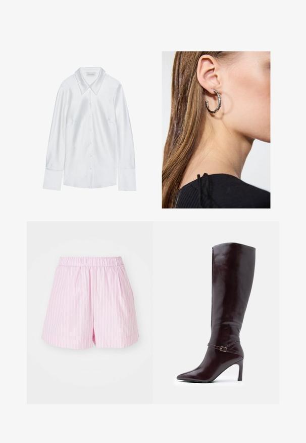 Bílá košile s dlouhým rukávem, klasického límce, s knoflíkovým zapínáním vpředu a hladkým povrchem, vyrobená z lehkého materiálu s jemným leskem.; Svetlé růžové šortky s bílými svislými pruhy, které mají elastický pas a volný střih, vyrobené z měkkého, lehkého materiálu.; Hnědé kožené kozačky po kolena s špičatou špičkou, jehlovým podpatkem a dekorativním páskem s přezkou kolem kotníku. Hladký povrch.; Stříbrný kruhový náušník s lesklým povrchem, zdobený malými zlatými akcenty, v kulatém tvaru, nošený na lalůčku.