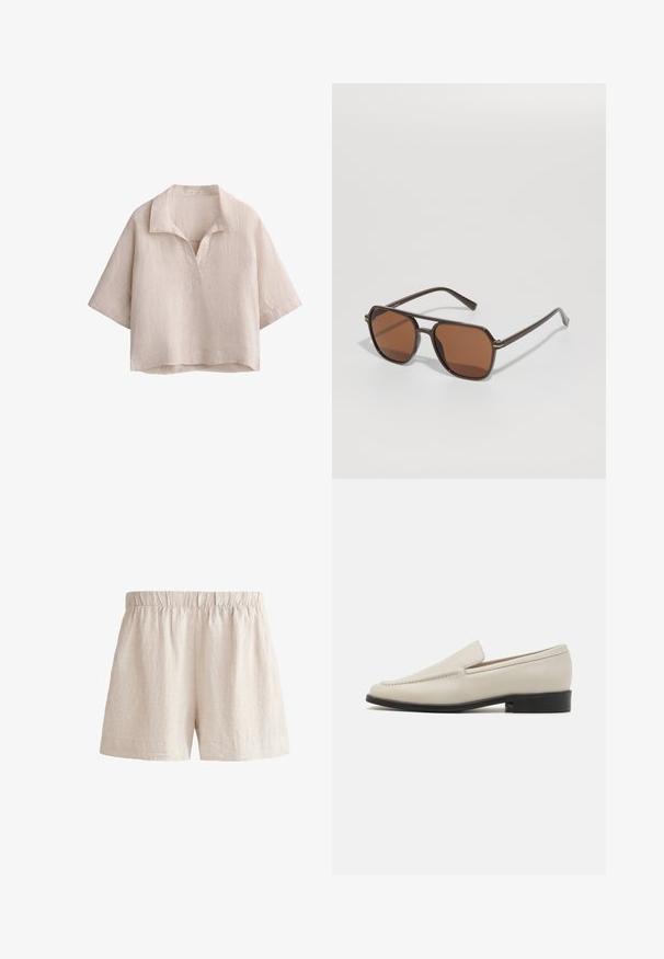 Vékony bézs rövid ujjú felső kicsi gallérral és V kivágással, laza szabású, bal oldalon mellzsebbel.; Világos bézs len rövidnadrág, elasztikus derékkal, laza szabással és egyszerű szegéllyel. Simaság jellemzi, finom, természetes hatással.; Beige bőr slip-on loaferek elegáns kialakítással, mandula alakú orral, minimális varrással és alacsony fekete sarokkal. Simá textúra.; Barna napszemüveg geometrikus kerettel, gazdag barna lencsékkel és vékony fém díszítésekkel az oldalakon, semleges háttér előtt.