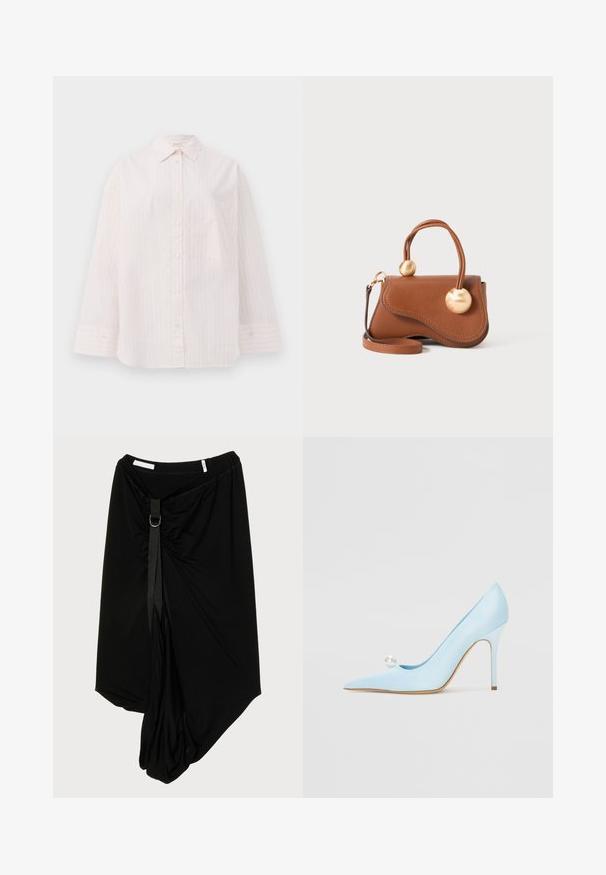 Ljusrosa skjorta med knappar, vertikala vita ränder, lång ärm, spetsig krage och en enda bröstficka. Slät tygtextur.; Svart asymmetrisk kjol gjord av mjukt tyg, med en samlad front och ett dekorativt band samt en metallring som accent.; GIABORGHINI Klassiska pumps - blue; Brun läderhandväska med en vågig design, som har två cirkulära guldaccenter och en avtagbar axelrem för mångsidig bärning.