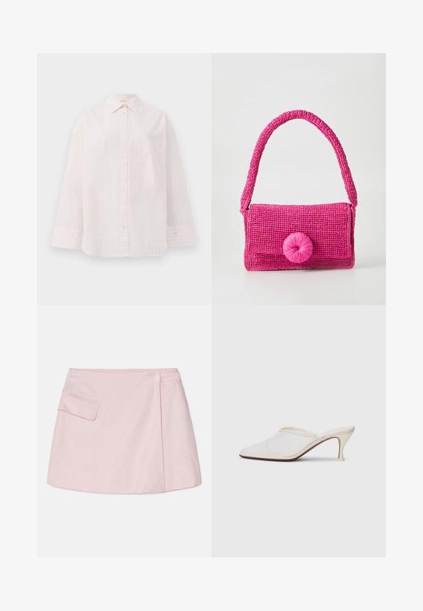 Világos rózsaszín gombos ing, függőleges fehér csíkokkal, hosszú ujjal, hegyes gallérral és egyetlen mellzsebbel. Sima szövet textúra.; Rózsaszín len mini szoknya ívelt aljjal, oldalsó zsebből és egy gombos záródással a derékrészen. Sima textúrájú és egyszerű dizájnú.; Fehér hálós, hegyes orrú mules cipő, vékony, középmagas sarkával és slip-on kialakításával, egyszerű háttér előtt.; By Malene Birger MIRAS - Kézitáska - raspberry