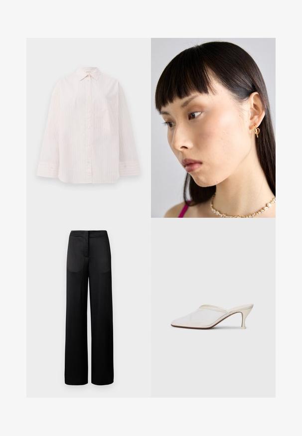 Camisa de botones de color rosa claro con rayas blancas verticales, de manga larga, cuello puntiagudo y un solo bolsillo en el pecho. Textura de tela suave.; Pantalones negros de pierna ancha con una superficie texturada, que cuentan con una cintura plana y dos bolsillos laterales. La tela parece ligera y fluida.; Mule blanco de malla con punta afilada, tacón medio y diseño de fácil colocación contra un fondo liso.; Pendiente de aro dorado llevado en la oreja derecha, que presenta un diseño abierto. El modelo tiene el cabello liso y oscuro y un maquillaje minimalista.