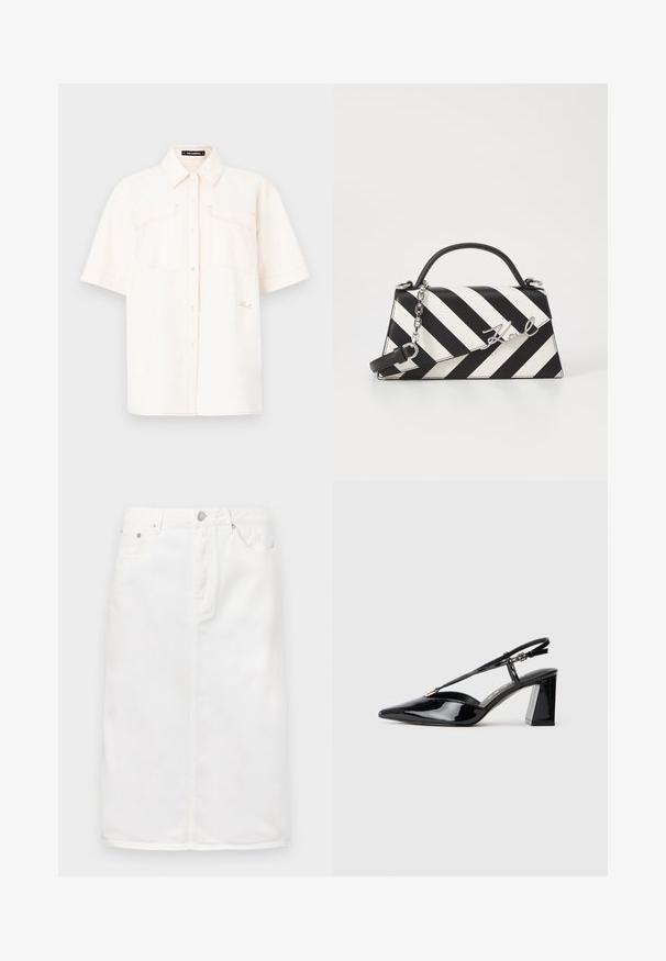 Majica kratkih rukava krem boje izrađena od laganog materijala, s dva prednja džepa, dizajnom na dugmad i kontrastnim šavovima.; Bijela denimska suknja s prednjim zatvaračem, dizajnom s pet džepova i ravnim siluetom s naglašenim šavovima.; Crne lakirane kožne cipele s otvorenom petom, visoke potpetice, šiljastog prsta, podesivom trakom i debelim pravokutnim potplatom.; Crno-bijela prugasta torba s čvrstim oblikom, koja ima ručku na vrhu, odvojivu lančanu naramenicu i metalni logo akcent.