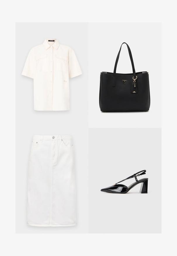 Lühikeste varrukatega, kreemivärvi särk kerge kangaga, millel on kaks eesmist taskut, nööbiga sulgemine ja kontrastne õmblus.; Valge denim seelik, millel on esipoolne tõmblukk, viie taskuga disain ja sirge siluett, millel on õmblusdetailid.; Mustadast mustast lakknahast kõrge kontsaga kingad, millel on terav varvas, reguleeritav rihm ja jäme ristkülikuline konts.; Musthave mustkott, mis on valmistatud tekstuuriga sünteetilisest materjalist, kahes käepidemes, millel on kuldne logo plaat ja väike märgistus koos aksendiga.