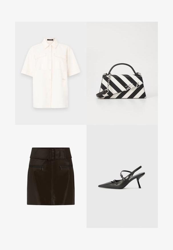 Srajca s kratkimi rokavi v kremni barvi, izdelana iz lahkega materiala, z dvema sprednjima žepoma, zapenjanjem na gumb in kontrastnim šivanjem.; Rjava umetna usnjena mini krila z širokim pasom, kvadratno sponko in dvema zadrgo zaprtima stranskima žepoma. Gladka, sijoča tekstura.; Črne usnjene sandale na peto s koničastim nosom, vitko peto in okrasno zaponko na sprednjem delu. Gladka tekstura in eleganten dizajn.; Črna in bela črtasta torbica z obliko s strukturirano obliko, s top ročajem, odstranljivo verižico in kovinskim logotipom.