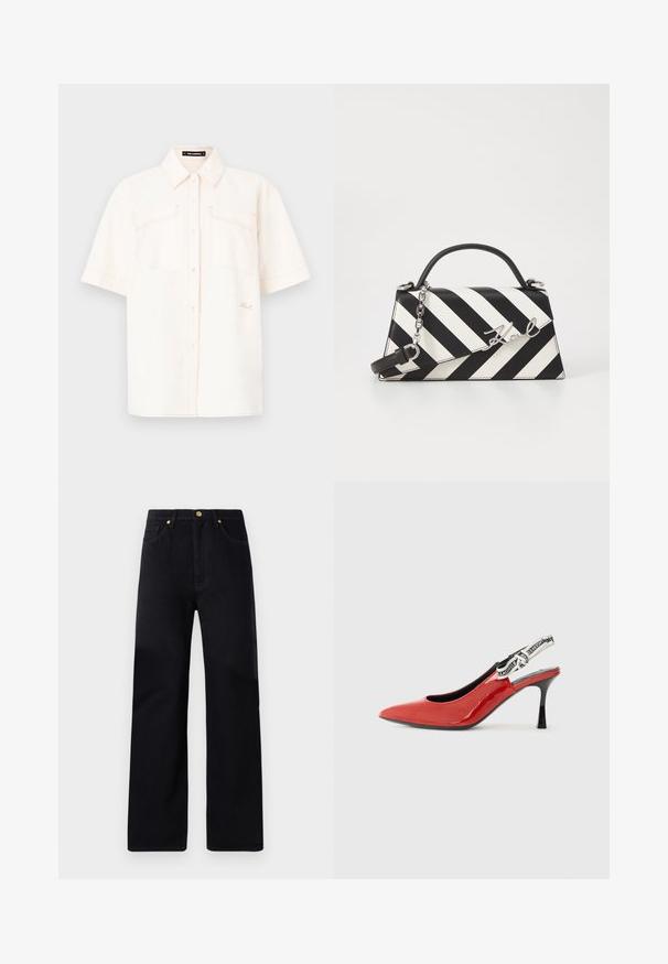 Short-sleeve, cream-colored shirt made of lightweight fabric, featuring two front pockets, a button-up design, and contrasting stitching.; Black denim trousers with a straight-leg fit, featuring a high waist, five pockets, golden hardware, and subtle stitching details.; Red patent leather slingback shoe with pointed toe, black heel, and a decorative fabric strap featuring a repeating logo pattern.; Black and white striped handbag with a structured shape, featuring a top handle, a detachable chain strap, and metallic logo accent.