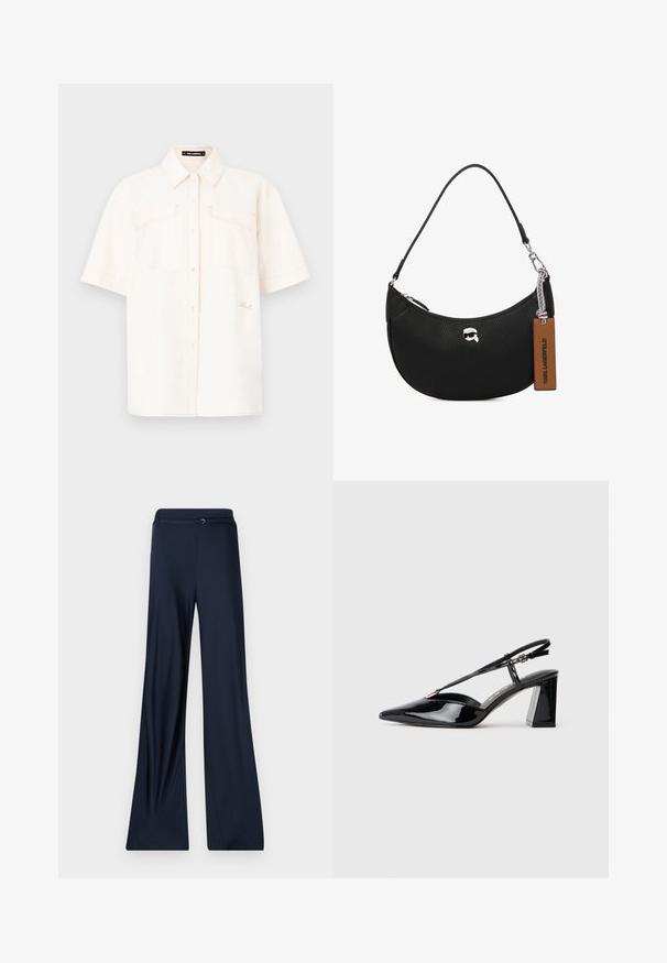 Camicia a maniche corte di colore crema, realizzata in tessuto leggero, con due tasche frontali, chiusura a bottoni e cuciture a contrasto.; Pantaloni navy a gamba larga con texture liscia, caratterizzati da una vita piatta e da un sottile dettaglio metallico sul davanti.; Scarpe con tacco alto in vernice nera, con punta appuntita, cinturino regolabile e tacco rettangolare chunky.; Borsa a tracolla nera in pelle con texture martellata, forma curva, chiusura superiore con zip, hardware color argento e un'etichetta marrone. Presenta un accento con logo.