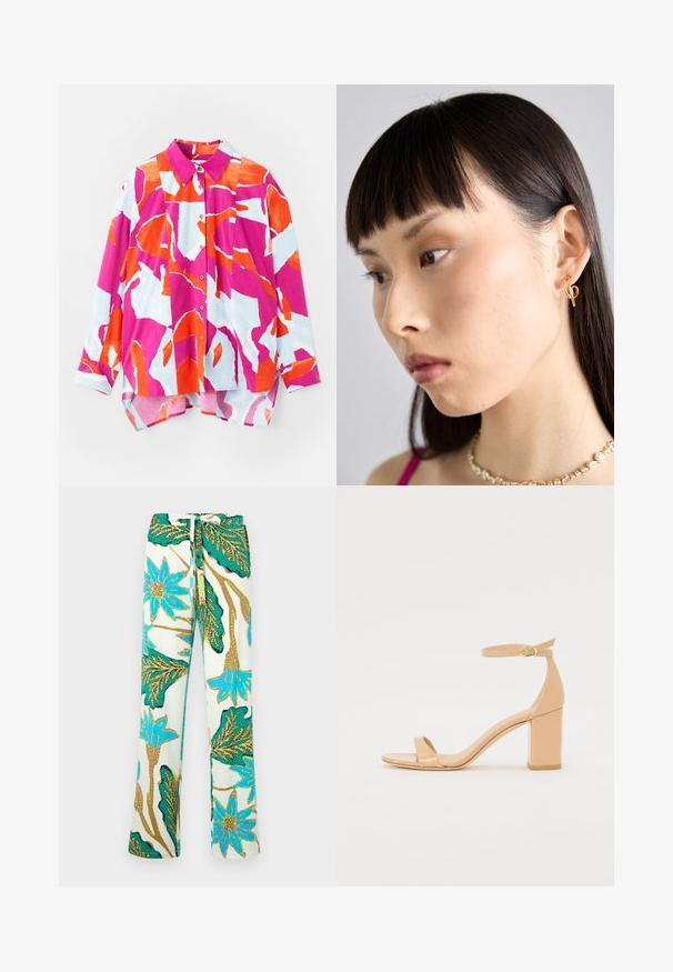 Cămașă cu nasturi, având un model abstract colorat în nuanțe de roz, portocaliu și albastru deschis. Fabricată dintr-un material neted, cu guler și mâneci lungi.; Pantaloni cu imprimeu floral, prezentând flori albastre și frunze verzi pe un fundal crem; materialul pare neted, cu o croială lejeră.; Sandale cu toc din piele patent nud, cu vârf pătrat, curea pentru glezna și toc masiv. Textură netedă și detalii de design minimale.; Cercel de aur purtat pe urechea dreaptă, având un design deschis. Modelul are părul drept, închis la culoare și machiaj minim.