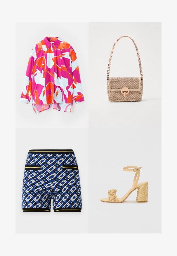 Button-up shirt featuring a colorful abstract pattern in pink, orange, and light blue. Made from smooth fabric with a collar and long sleeves.; Knit patterned shorts featuring a blue, black, and white geometric design, with contrasting yellow accents and pockets on the sides.; Beige high-heeled sandal with a braided texture, featuring a decorative flower and ankle strap. Square-shaped heel adds stability.; Vanessa Bruno MOON - Cross body bag - beige/ivoire