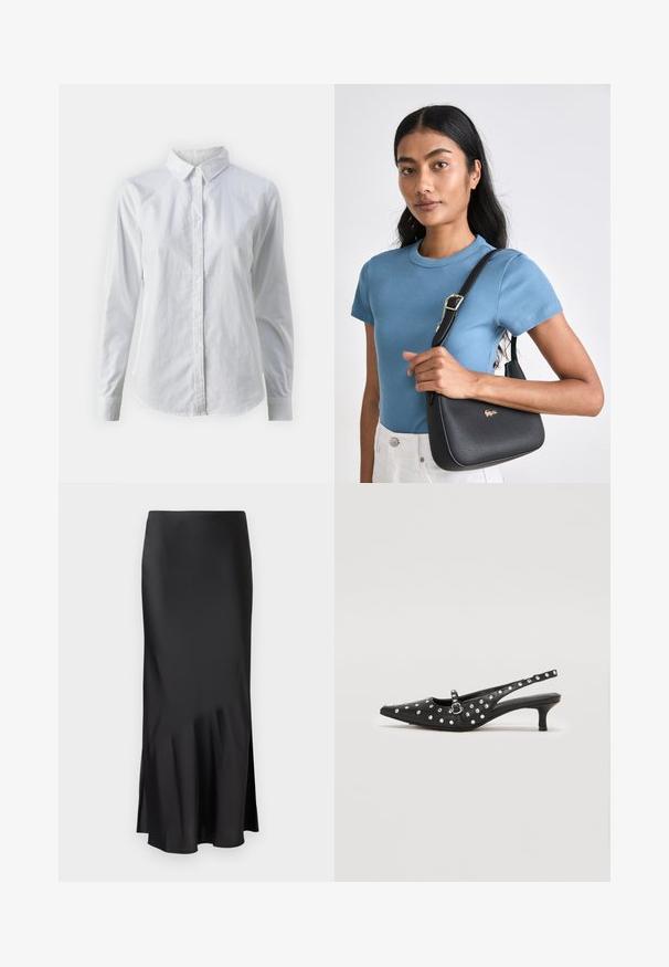 Camisa branca de botão feita de algodão suave, com colarinho clássico, mangas longas e bainha curva. Os botões são pequenos e brancos.; Saia midi em cetim preto com um design elegante, apresentando um leve esvoaçar na bainha e uma abertura lateral para facilitar os movimentos. Textura suave.; Sapatos slingback pretos com bico fino, decorados com tachas prateadas, apresentam um salto baixo e um detalhe de tira com fivela.; Bolsa preta texturizada com uma forma curva, realçada por um logo dourado, combinada com uma camisa de manga curta azul clara com textura e calças brancas.