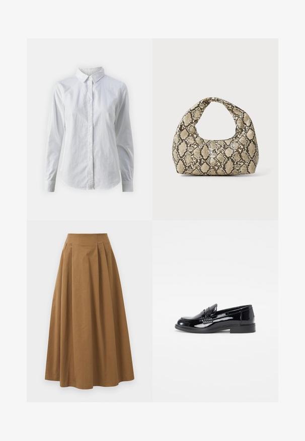 Valge nööpidega särk, mis on valmistatud siledast puuvillast. Särgil on klassikaline krae, pikad varrukad ja kaarduv äär. Nöödid on väikesed ja valged.; Pruun puuvillane A-line seelik kõrge vöökohaga, millel on voldid ees ja sile tekstuur. Pika serva viimistlus on puhas ja lihtne.; Must värvitud nahast loafer, ümmarguse varbaga, väljendunud õmbluse detailiga ja lame kummitald. Sile tekstuur, poleeritud viimistlus.; Musta käärmeprindiga kott kõveraga käepidemega. Valmistatud tekstiilsetest, beežidest ja pruunidest materjalidest, millel on iseloomulik rombikujuline muster.