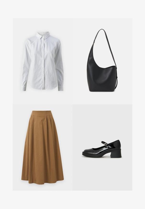 Vit skjorta med knappar, tillverkad av mjuk bomull, med klassisk krage, långa ärmar och en böjd fåll. Knapparna är små och vita.; Brun bomull A-linje kjol med hög midja, med veck ned längs framsidan och en mjuk textur. Sömmen är ren och enkel.; Svart lackläder Mary Jane-sko med rund tå, justerbar rem och en stadigare fyrkantig klack. Har en texturerad sula.; Svart läder hobo-väska med en slät textur, kurvig form och en justerbar axelrem; har en bred öppning upptill.