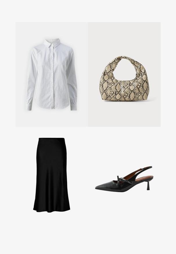 Chemise blanche à manches longues en coton lisse, dotée d'un col classique et d'un ourlet arrondi. Les boutons sont petits et blancs.; Jupe midi en satin noir au toucher lisse, avec un ourlet évasé et une taille ajustée, arborant un design simple et classique.; Talons hauts à talon slingback en cuir noir avec un bout pointu, un petit nœud décoratif et un talon effilé. Texture lisse et design minimaliste.; Sac à main en motif serpent avec une poignée incurvée. Fabriqué à partir de matériaux texturés beiges et bruns, présentant un motif en diamant distinctif.
