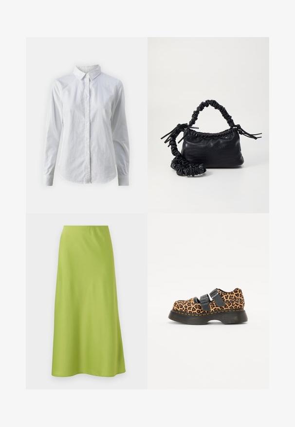 Fehér, sima pamutből készült gombos ing, klasszikus gallérral, hosszú ujjakkal és ívelt hemvéggel. A gombok kicsik és fehérek.; Közepes hosszúságú szoknya sima, élénk lime zöld anyagból. Egyszerű, szabott kialakítással rendelkezik, rugalmas derékkal és lágy vonalvezetéssel.; Leopárdmintás cipők masszív fekete gumi talppal, két állítható fekete pánttal és kontrasztos narancssárga varrással a szélén.; Fekete műbőr kézi táska krokodil bőr textúrával, összehúzható tetejű és gyűrt pánttal. Lágy és kompakt dizájnúnak tűnik.