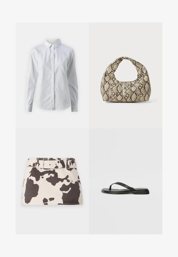 Camicia bianca con bottoni, realizzata in cotone liscio, dotata di un colletto classico, maniche lunghe e orlo curvo. I bottoni sono piccoli e bianchi.; Mini gonna in denim a stampa mucche con vita regolabile. Presenta forme scure marroni in contrasto su uno sfondo chiaro. Tessuto testurizzato con cuciture robuste.; Infradito neri in pelle liscia, con un design a fascia sottile e una suola piatta dal profilo minimale. Nessun motivo o accento particolare.; Borsa a stampa rettile con manico curvo. Realizzata in materiali testurizzati beige e marroni, presenta un distintivo motivo a rombi.