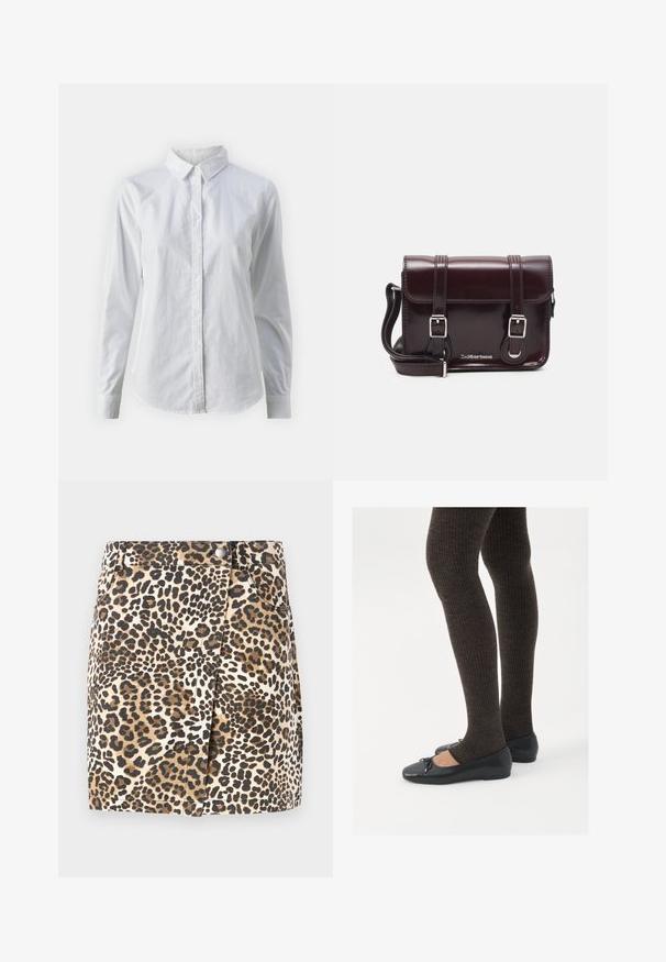 Bela srajca z gumbki, narejena iz gladkega bombaža, s klasičnim ovratnikom, dolgimi rokavi in ukrivljenim robom. Gumbi so majhni in beli.; JDY JDYRAY SHORT SKIRT - Mini krilo - pumice stone; Črne ravne čevlje z majhnim lokom na prstih, v kombinaciji s temno rjavimi rebrastimi nogavicami. Čevlji imajo gladko teksturo in nizko obliko.; Burgundska patentna usnjena torbica čez ramo z pravokotno obliko, dvema trakovoma, srebrno kovinsko opremo in zapiranjem na preklop.