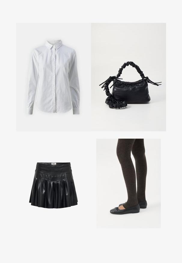 Fehér, sima pamutből készült gombos ing, klasszikus gallérral, hosszú ujjakkal és ívelt hemvéggel. A gombok kicsik és fehérek.; Fekete műbőrből készült szoknya, amely redőzött, testhez simuló derékkal és dekoratív fém kiegészítőkkel az oldalán. Sima felület, fényes kivitel.; Fekete lapos cipők kis masni díszítéssel az orrán, sötétbarna bordázott harisnyával párosítva. A cipők sima textúrával és alacsony profilúak.; Fekete műbőr kézi táska krokodil bőr textúrával, összehúzható tetejű és gyűrt pánttal. Lágy és kompakt dizájnúnak tűnik.