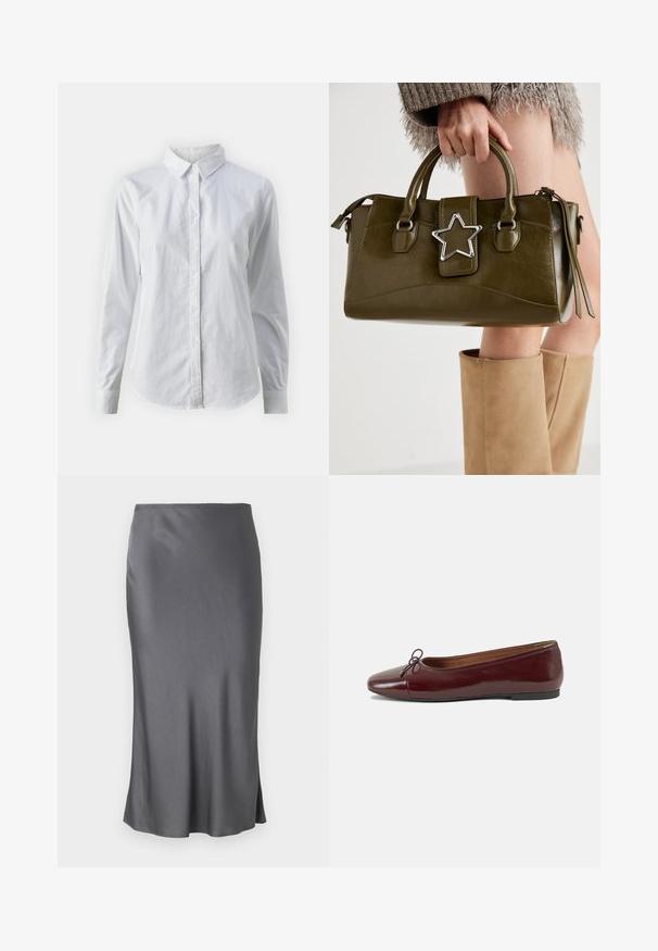 Bjela košulja na dugih rukava od glatkog pamuka, s klasičnom kragnom i zakrivljenim rubom. Dugmad su mala i bijela.; Siva saten midi suknja s glatkom teksturom, ravnim siluetom, suptilnim bočnim prorezom i elastičnim strukom.; Burgundska lakirana balerinka s zaobljenim vrhom, malim mašnom sprijeda i niskom, crnom gumenom potplatu. Glatka tekstura.; Maslinasto zelena torba od umjetne kože s srebrnim zvijezdastim detaljem, dvostrukim ručkama i zatvaranjem na munje. Teksturirana površina i strukturirani oblik.