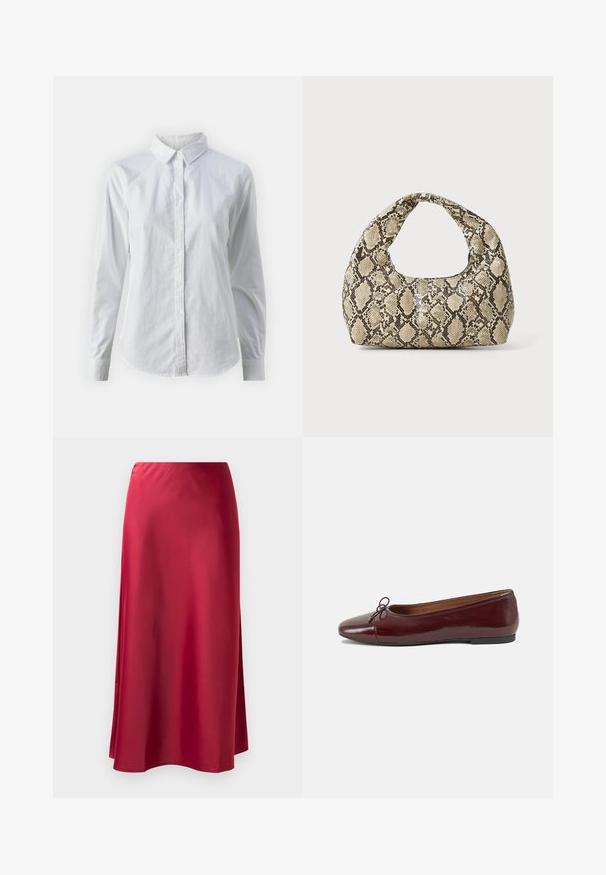 Valkoinen napitettava paita, joka on valmistettu sileästä puuvillasta. Paidassa on klassinen kaulus, pitkät hihat ja kaareva helma. Nappien koko on pieni ja ne ovat valkoiset.; Punainen satiininen pitkä hame, jossa on sileä tekstuuri, hieman levenevä muoto ja sivuaukko liikkumisen helpottamiseksi. Ei näkyvää metalliosaa tai koristeita.; Burgundin värinen lakattu nahkainen ballerinatossu pyöreällä varvaskärjellä, pienen nauhan yksityiskohdalla edessä ja matalalla mustalla kumipohjalla. Sujuva pinta.; Käärmeennahkakuosiset käsilaukku, jossa on kaareva kahva. Tehty teksturoiduista beigeistä ja ruskeista materiaaleista, joissa on erottuva timanttikuvio.