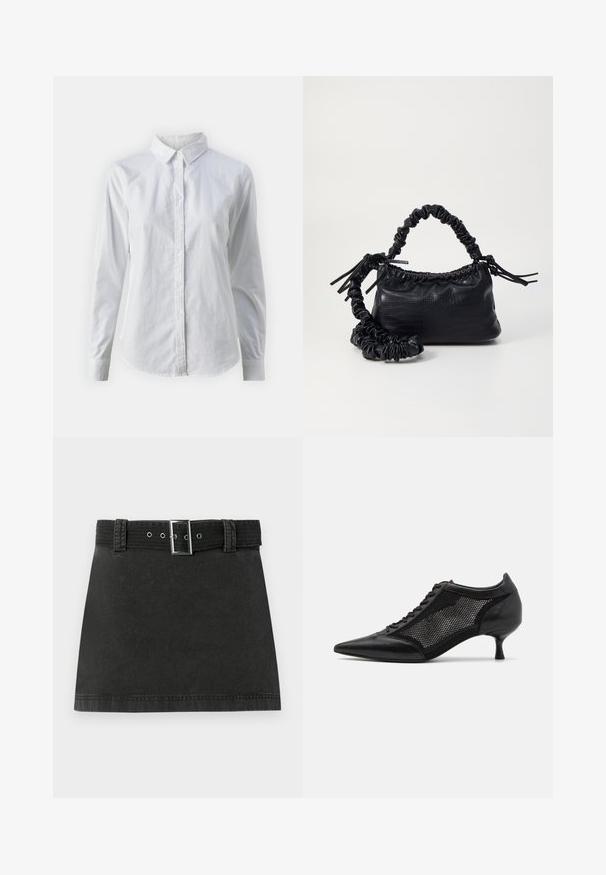 Bílá košile na knoflíky vyrobená z hladké bavlny, s klasickým límcem, dlouhými rukávy a zakřiveným spodním lemem. Knoflíky jsou malé a bílé.; Černá džínová mini sukně s odpovídajícím opaskem s kovovou sponou a poutky na opasek, vystavená na bílém pozadí.; Černá špičatá obuv s designem síťové panelů, s nízkým podpatkem a šněrováním v přední části. Vyrobeno z kombinace kůže a síťového materiálu.; Černá kabelka z umělé kůže s krokodýlím vzorem, staženým vrškem a zmačkaným popruhem. Zdá se, že má měkký a kompaktní design.