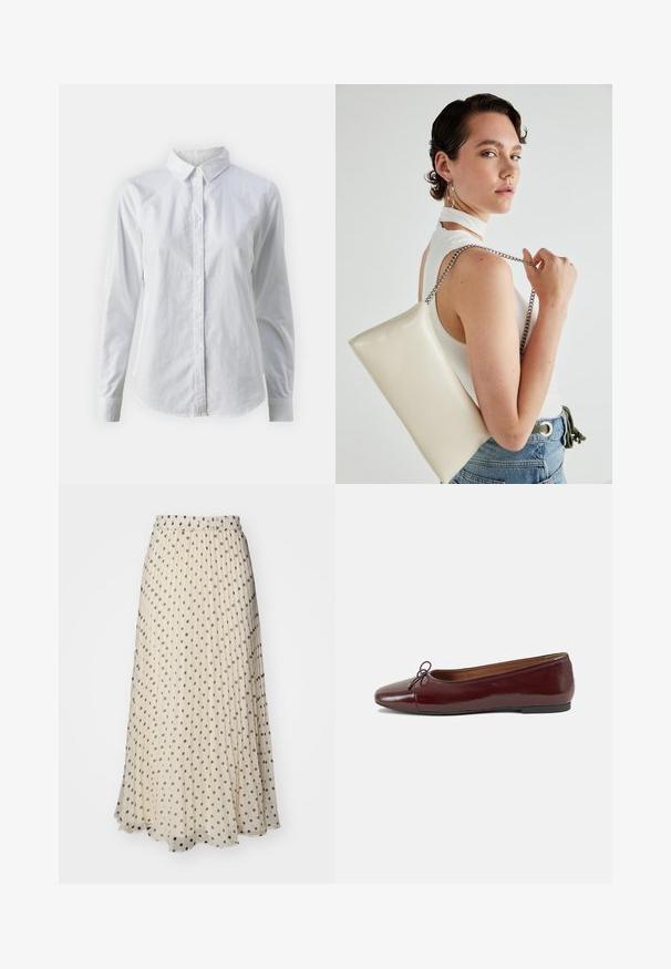 Vit skjorta med knappar, tillverkad av mjuk bomull, med klassisk krage, långa ärmar och en böjd fåll. Knapparna är små och vita.; Plisserad maxikjol i krämfärgad tyg, med jämnt fördelade mörka prickar. Elastisk midja för komfort och ett flödande fåll.; Burgunderfärgad lackläderballettskor med rund tå, liten rosettdekoration fram och en låg, svart gummisula. Slät textur.; Vitt rektangulärt clutch-väsk i glänsande material, med en kedjesnor i silver. Modellen poserar och visar upp väskan mot en neutral bakgrund.