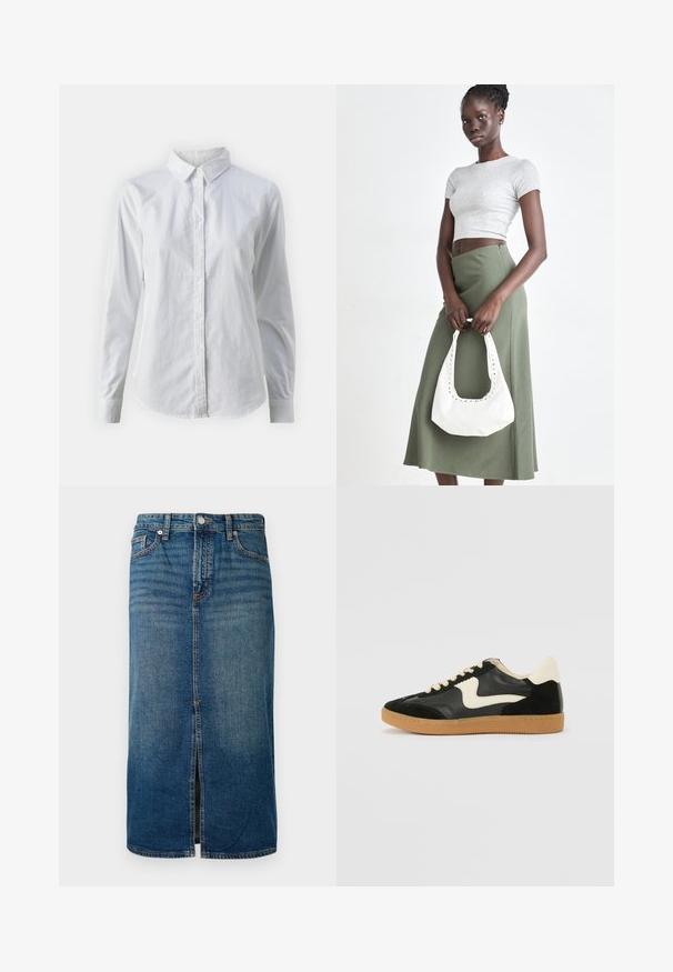 Valge nööpidega särk, mis on valmistatud siledast puuvillast. Särgil on klassikaline krae, pikad varrukad ja kaarduv äär. Nöödid on väikesed ja valged.; Tumesinis džinsinis midi seelik, millel on ees lõhik, viis taskut ja kontrastne õmblus. Taljeosas on nööp- ja lukukinnitus.; Must musta ja nahast sneakersid, millel on koorevärvi külgsuund ja hele koorik. Omab beeži paelu ja kummi kummist välistalla.; Hallid hall pitsakene ja oliiviroheline kõrge vöökohtadega seelik. Mudel hoiab käes valget õlakotit, millel on lõikega detailid. Lihtne disain, vormiline siluett.