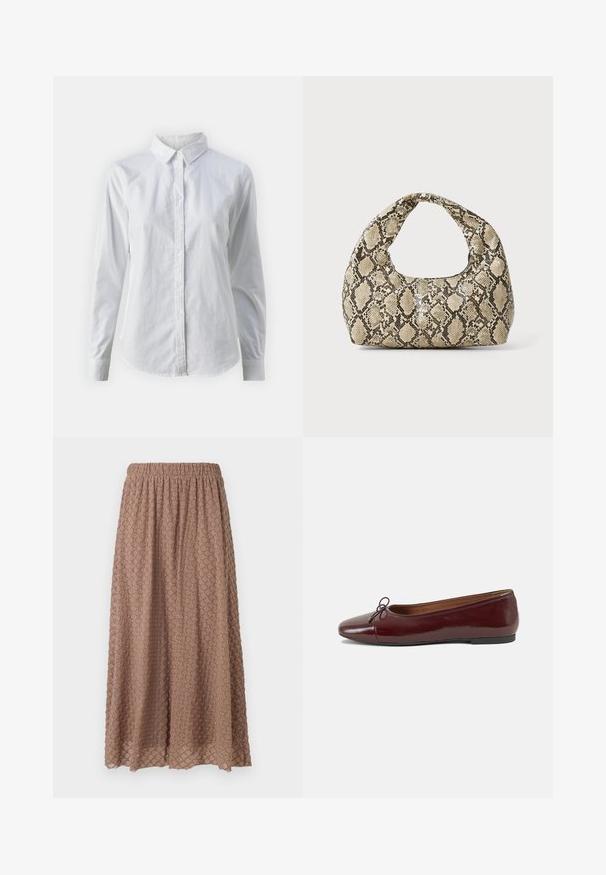Weißes Hemd mit Knöpfen, aus glattem Baumwollstoff, mit klassischem Kragen, langen Ärmeln und abgerundetem Saum. Die Knöpfe sind klein und weiß.; Brauner, knielanger Rock mit Elastikbund, strukturierten Stoff mit einem Rautenmuster in helleren Tönen, leicht und luftig.; Burgunderfarbenes, lackiertes Ballettschuh mit abgerundetem Zehenbereich, kleiner Schleifenakzent vorne und einer niedrigen, schwarzen Gummisohle. Glatte Textur.; Schlangenmuster-Tasche mit einem gebogenen Griff. Hergestellt aus strukturierten, beige- und braunfarbenen Materialien, die ein markantes Diamantmuster aufweisen.
