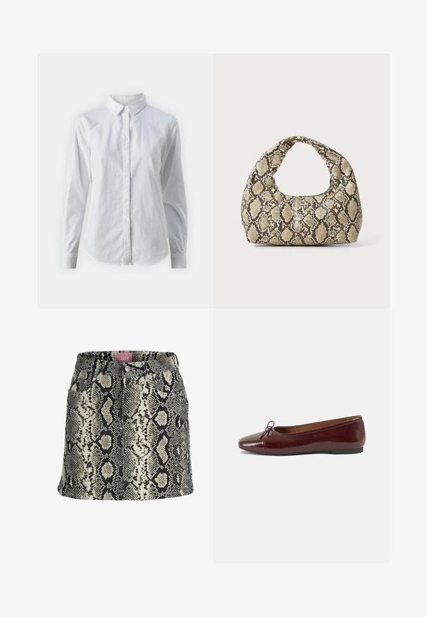 Hvit skjorte med knapper laget av glatt bomull, med klassisk krage, lange ermer og buet skjær. Knapper er små og hvite.; En tettsittende skjørt i et beige og svart slangeskinnsmønster med knappeåpning, beltesløyfer og fire funksjonelle lommer.; Burgunderrød lakk lær ballettleilighet med rund tå, liten sløyfe foran og en lav, svart gummisåle. Glatt tekstur.; Veske med slangeskinnmønster og krummet håndtak. Laget av teksturerte, beige og brune materialer, med et særegent diamantmønster.