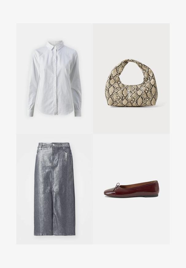 Balta pogājamā krekla augšdaļa, izgatavota no gluda kokvilnas, ar klasisku apkakli, garām piedurknēm un izliekto apakšmalu. Pogas ir mazas un baltas.; Sudraba metāla džinsa svārki līdz ceļgaliem, ar strukturētu formu, priekšējo pogu aizdari un jostas cilpām. Gluda tekstūra un minimālistisks dizains.; Burgundijas laku ādas baleta kurpes ar noapaļotu purngalu, nelielu loku akcentu priekšā un zemu melnu gumijas zoli. Gluda tekstūra.; Čūsku raksta soma ar izliekto rokturi. Izgatavota no teksturētiem, bēšiem un brūniem materiāliem, ar izteiksmīgu dimanta rakstu.