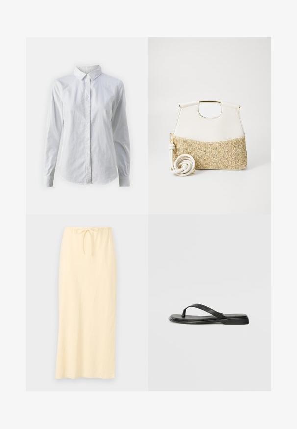 Valge nööpidega särk, mis on valmistatud siledast puuvillast. Särgil on klassikaline krae, pikad varrukad ja kaarduv äär. Nöödid on väikesed ja valged.; Hele kollane pikk seelik, mis on valmistatud hingavast kangast, ning elastsest vöökohtast, millel on reguleeritav string. Sile tekstuur, ilma mustriteta.; Musta sussumood, mis on valmistatud siledast nahast. Sellel on õhuke rihma disain ja lame tald minimaalsete joontega. Mingeid silmatorkavaid mustreid või aktsente ei ole.; Valge nahast käekott, mille alumine osa on tekstureeritud kreemjas kudumiga. Kott on varustatud kuldse käepidemega ja keerdus valge rihmaga, mis lisab mitmekesisust.