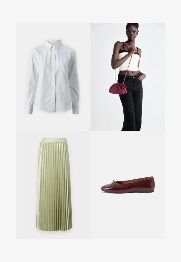 Chemise blanche à manches longues en coton lisse, dotée d'un col classique et d'un ourlet arrondi. Les boutons sont petits et blancs.; Jupe midi plissée en satin vert clair avec une texture lisse. Taille ajustée, longueur mi-mollet, avec des plis verticaux réguliers sur toute la surface.; Ballerines en cuir verni bordeaux avec un bout rond, un petit nœud décoratif à l'avant et une semelle en caoutchouc noire basse. Texture lisse.; Sac à main en tissu doux bordeaux avec un design froncé et une longue sangle, porté en bandoulière. Le mannequin porte un top court blanc et un jean noir.