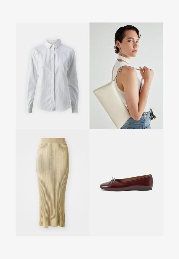 Valge nööpidega särk, mis on valmistatud siledast puuvillast. Särgil on klassikaline krae, pikad varrukad ja kaarduv äär. Nöödid on väikesed ja valged.; Kootud pliiatsihame heledas beežis, millel on vertikaalne soonikkoes, sobiv vöökoht ja laienev ääreosa koos peente viimistlustega allservas.; Burgundi patendnahk kingad balletitüüpi, ümmarguse ninaosa, ees väike paelaaktsent ja madal must kummist tald. Sile tekstuur.; Valge ristkülikuline kotti, mis on valmistatud läikivast materjalist, hõbedase ahelsangaga. Mudel poseerib, tutvustades kotti ühtlase taustaga.