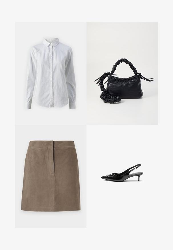 Balta marškinėliai su mygtukais, pagaminti iš lygios medvilnės, su klasikiniais apykaklės, ilgomis rankovėmis ir lenktu kraštu. Mygtukai maži ir balti.; Taukine, kelių ilgio, suknelė iš zomšos su tiesiu siluetu ir paslėptu siūlu priekyje, fono nelankytas.; Juodos odinės slingback aukštakulniai su smailiu nosiu, mažais katės kulnais ir dekoratyvine mazgo detale priekyje. Visas paviršius lygus.; Juodas dirbtinės odos rankinė su krokodilo tekstūra, sušnibždinta viršuje ir susikraipytu dirželiu. Atrodo minkšta ir kompaktiška.