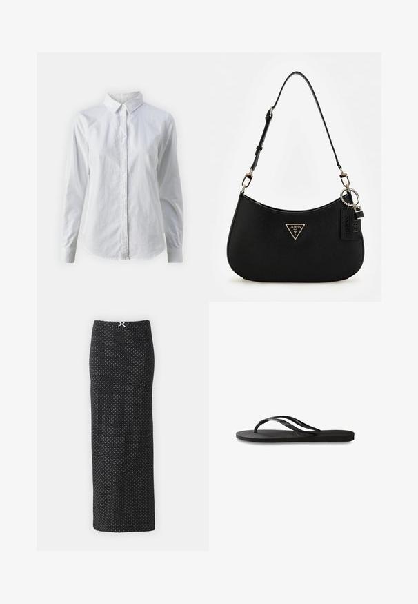 Bela srajca z gumbki, narejena iz gladkega bombaža, s klasičnim ovratnikom, dolgimi rokavi in ukrivljenim robom. Gumbi so majhni in beli.; Črna krilna s pikami, izdelana iz mehke tkanine, z naravnim dizajnom, dolžina do gležnjev in mala bela pentlja na pasu.; Črne natikače z teksturirano gumijasto podlogo, dvema ozkima trakoma in subtilnim, vtisnjenim logom na traku.; Črna sintetična torba za ramo s ukrivljeno silhueto, teksturirano površino, zlatim trikotnim logotipom in odstranljivimi dodatki.