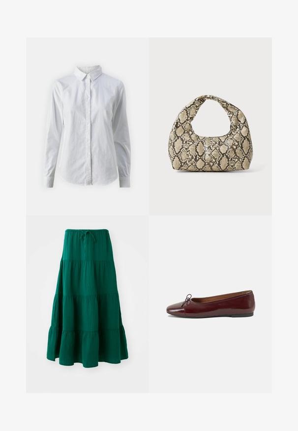 Valge nööpidega särk, mis on valmistatud siledast puuvillast. Särgil on klassikaline krae, pikad varrukad ja kaarduv äär. Nöödid on väikesed ja valged.; Roheline kihi maxi seelik, mis on valmistatud kerge kangast. Omab paelaga vöökohta ja laienevaid rüüsid allääres. Pehme tekstuur.; Burgundi patendnahk kingad balletitüüpi, ümmarguse ninaosa, ees väike paelaaktsent ja madal must kummist tald. Sile tekstuur.; Musta käärmeprindiga kott kõveraga käepidemega. Valmistatud tekstiilsetest, beežidest ja pruunidest materjalidest, millel on iseloomulik rombikujuline muster.