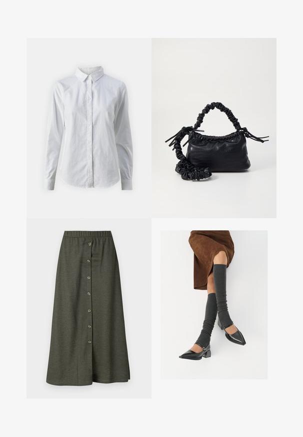 Witte overhemd met knopen van glad katoen, met een klassieke kraag, lange mouwen en een afgeronde zoom. De knopen zijn klein en wit.; Khaki midi-jurk met een knoopsluiting aan de voorkant met acht knopen, elastische tailleband en een gladde, lichte stof.; Zwarte gepatineerde leren pumps met een puntige neus, een blokhak en een enkelbandje, gecombineerd met grijze geribde beenwarmers en een bruine suède rok.; Zwarte nepleer handtas met een krokodillenstructuur, opgedroogde bovenkant en een gekreukte hengsel. Het lijkt zacht en compact van ontwerp.