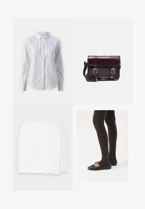 Chemise blanche à manches longues en coton lisse, dotée d'un col classique et d'un ourlet arrondi. Les boutons sont petits et blancs.; Jupe blanche à coupe droite, design enveloppant et bords nets. Fabriquée en tissu léger avec une texture lisse et sans motifs visibles.; Chaussures plates noires avec un petit nœud au niveau des orteils, associées à des collants côtelés marron foncé. Les chaussures ont une texture lisse et un profil bas.; Sac à bandoulière en cuir verni bordeaux, de forme rectangulaire, avec deux bandoulières, des accessoires en argent et une fermeture à rabat.
