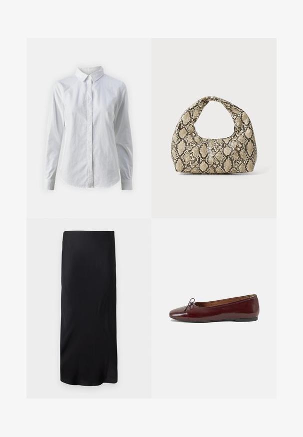 Chemise blanche à manches longues en coton lisse, dotée d'un col classique et d'un ourlet arrondi. Les boutons sont petits et blancs.; Jupe midi noire sans manches en tissu lisse. Présente une forme droite et allongée sans motifs ni accents. Design simple et minimaliste.; Ballerines en cuir verni bordeaux avec un bout rond, un petit nœud décoratif à l'avant et une semelle en caoutchouc noire basse. Texture lisse.; Sac à main en motif serpent avec une poignée incurvée. Fabriqué à partir de matériaux texturés beiges et bruns, présentant un motif en diamant distinctif.