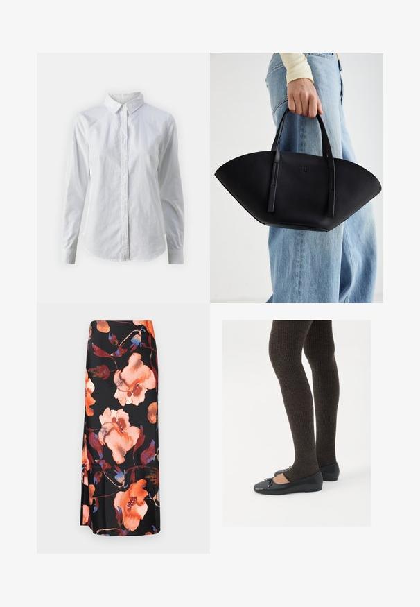 Balta marškinėliai su mygtukais, pagaminti iš lygios medvilnės, su klasikiniais apykaklės, ilgomis rankovėmis ir lenktu kraštu. Mygtukai maži ir balti.; Gėlėta midi sijonas su juodu fonu ir didelėmis oranžinėmis ir mėlynomis akvarelinėmis gėlėmis; sklandus audinys su švelniu blizgesiu.; Juodos plokščios bateliai su maža kaspinėlio detale prie pirštų, derinami su tamsiai rudos spalvos raukšlėtomis pėdkelnėmis. Bateliai turi lygų paviršių ir žemą profilį.; Juodas odinis rankinis uždangalas unikaliu ventiliatoriaus formos dizainu, turintis plokščias rankenas. Paviršius turi akmeninė tekstūrą ir minimalistišką dizainą.