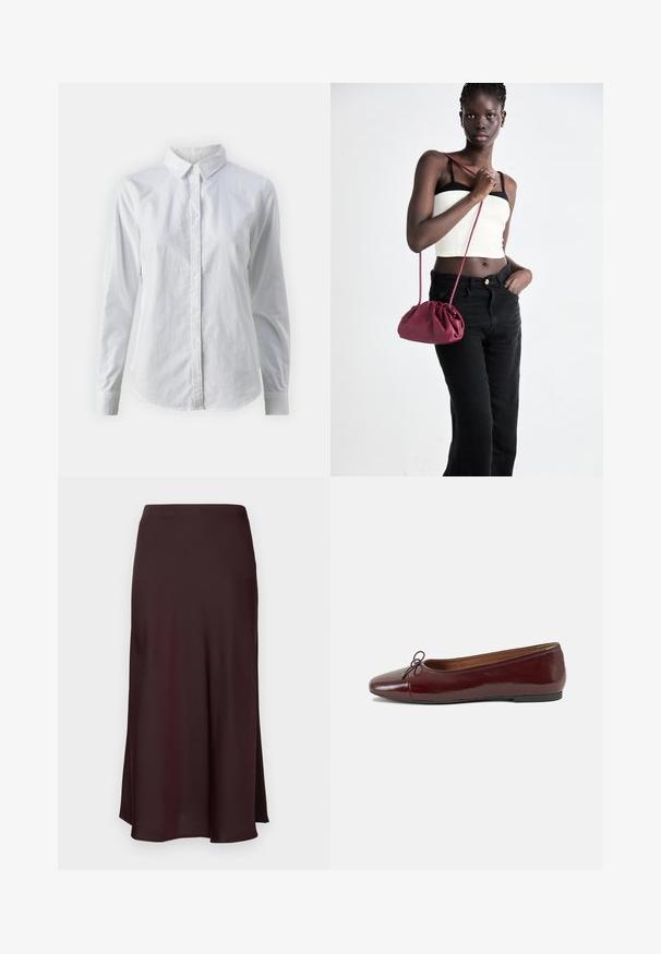 Bela srajca z gumbki, narejena iz gladkega bombaža, s klasičnim ovratnikom, dolgimi rokavi in ukrivljenim robom. Gumbi so majhni in beli.; Burgundska satenasta midi krila z gladko teksturo, ravnim krojem in rahlo razširjenim robom. Brez vidnih vzorcev ali kovinskih podrobnosti.; Burgundska patenti usnjeni baletni čevlji z zaobljenim prstom, majhnim lokom na sprednji strani in nizkim črnim gumijastim podplatom. Gladka tekstura.; Burgundska mehka torbica z zbranim dizajnom in dolgim trakom, nošena čez telo. Model nosi belo kratko majico in črne kavbojke.