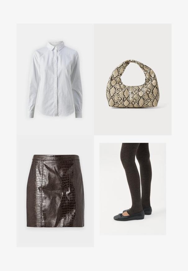 White button-up shirt made of smooth cotton, featuring a classic collar, long sleeves, and a curved hem. Buttons are small and white.; Dark brown faux crocodile leather mini skirt with panel stitching and a straight hem.; Black flat shoes with a small bow detail at the toe, paired with dark brown ribbed tights. Shoes have a smooth texture and low profile.; Snake-print handbag with a curved handle. Made from textured, beige and brown materials, featuring a distinctive diamond pattern.