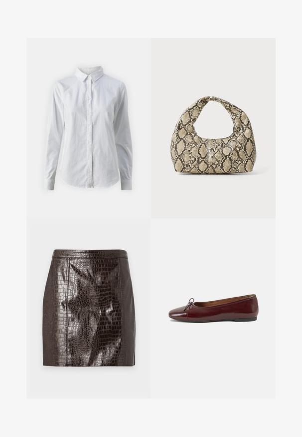 Weißes Hemd mit Knöpfen, aus glattem Baumwollstoff, mit klassischem Kragen, langen Ärmeln und abgerundetem Saum. Die Knöpfe sind klein und weiß.; Dunkelbrauer Kunstleder-Minirock im Krokodilleder-Look mit Paneleffekten und geradem Saum.; Burgunderfarbenes, lackiertes Ballettschuh mit abgerundetem Zehenbereich, kleiner Schleifenakzent vorne und einer niedrigen, schwarzen Gummisohle. Glatte Textur.; Schlangenmuster-Tasche mit einem gebogenen Griff. Hergestellt aus strukturierten, beige- und braunfarbenen Materialien, die ein markantes Diamantmuster aufweisen.