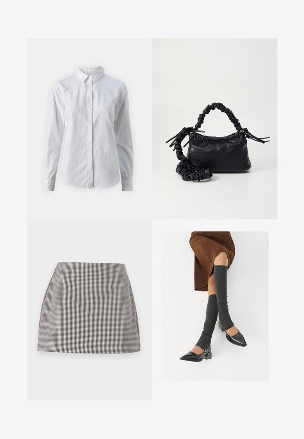 Hvit skjorte med knapper laget av glatt bomull, med klassisk krage, lange ermer og buet skjær. Knapper er små og hvite.; Svart og hvit gingham-skjørt med rett snitt, plissert på sidene og en jevn tekstur. Stoffet har et lite rutemønster.; Sorte lakkpumps med spiss tå, blokkhel, og ankelstropp, kombinert med grå ribbestrikkede beinvarmere og et brunt semsket skinn skjørt.; Svart faux skinn-håndveske med krokodilletekstur, strammet topp og en rynket stropp. Ser myk og kompakt ut i designen.
